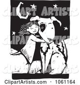 Girl Hugging a Dog, in Black and White Woodcut Style