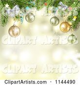 Golden Christmas Background with Baubles on Branches