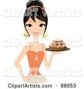 Gorgeous Brunette Woman Holding a Tiered Birthday Cake in Hand