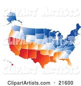 Gradient Red, Orange, White and Blue United States of America Map with All States, on a White Background
