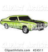 Green 1970 Buick Muscle Car with Black Racing Stripes and Side Decals and Dark Tinted Windows