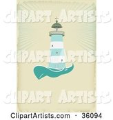 Green and White Lighthouse Casting Light over the Sea, on an Aged Beige Background with Space for Text