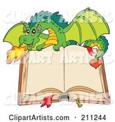 Green Dragon Breathing Fire over an Open Book with Blank Pages