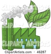 Green Industrial Factory with Leaves and Smoke