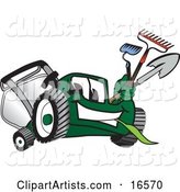 Green Lawn Mower Mascot Cartoon Character Carrying Garden Tools
