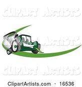Green Lawn Mower Mascot Cartoon Character Facing Front on a Logo or Nametag with a Green Dash