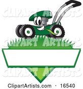 Green Lawn Mower Mascot Cartoon Character Mowing Grass over a Blank White Label
