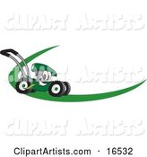 Green Lawn Mower Mascot Cartoon Character on a Logo or Nametag with a Green Dash
