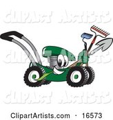 Green Lawn Mower Mascot Cartoon Character Passing by While Carrying Garden Tools