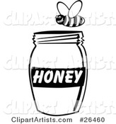 Grinning Bee Flying Above a Jar of Honey, Black and White