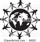Group of People Holding Hands Around a Globe - Black and White