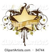 Grungy Beige Star and Blank Banner over a Brown Vine and Green and Beige Splatters and Drips