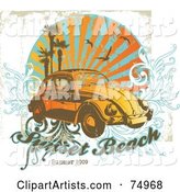 Grungy Retro Vw Beetle Car with Palm Trees, Gulls and Vines with Sample Text