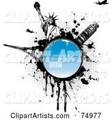 Grungy Splatter Circle with the Eiffel Tower, Tower of Pisa, Statue of Liberty and Planes over Halftone and White