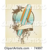 Grungy Surfboard, Flamingo, Palm Tree and Banner Design Background