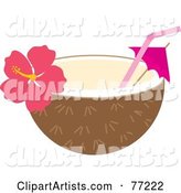 Halved Coconut with a Straw, Umbrella and Hibiscus Flower