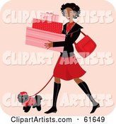 Happy African American Woman Carrying Boxes and Walking Her Dog While Shopping