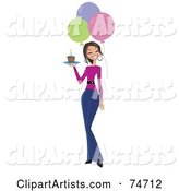 Happy Birthday Woman Carrying a Slice of Cake and Walking by Balloons