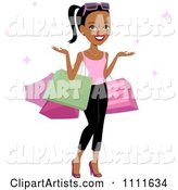 Happy Black Woman Shrugging with Shopping Bags on Her Arms and Pink Sparkles