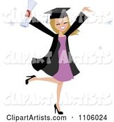 Happy Blond College Graduate Woman Holding Her Arms up and Her Degree