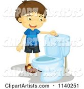 Happy Brunette Boy Flushing a Toilet