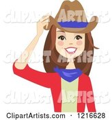 Happy Brunette Cowgirl Woman Touching Her Hat with a Blue Stripe