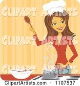 Happy Brunette Female Chef Seasoning Food in a Pot on a Stove over Orange