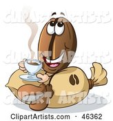 Happy Coffee Bean Guy Sitting on a Burlap and Sipping Java