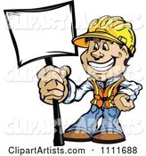 Happy Construction Worker Man Holding a Sign