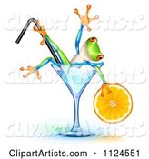 Happy Frog Holding an Orange Wedge and Soaking in a Blue Lagoon Cocktail Glass
