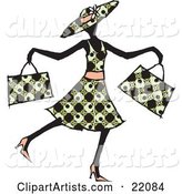 Happy Lady in a Patterned Dress, Hat and Heels, Waltzing past and Carrying Two Shopping Bags