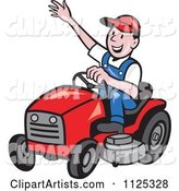Happy Landscaper Waving and Operating a Lawn Mower