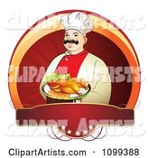 Happy Male Chef Serving Chicken over a Circle with a Red Five Star Blank Banne