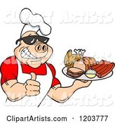 Happy Muscular Chef Pig Wearing a Hat and Sunglasses, Holding a Thumb up and a Plate of Bbq Meats