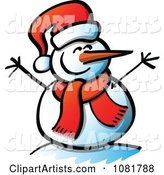 Happy Snowman with Open Twig Arms and a Santa Hat