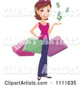 Happy White Woman Shopper with Bags and Floating Dollar Symbols