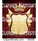 Heraldic Golden Shield with a Crown on an Ornate Red Background