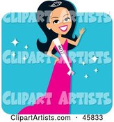 Hispanic Beauty Pageant Contestant Wearing a Sash and a Pink Evening Gown