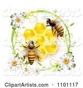Honey Bees over Honeycombs in a Green Daisy Frame