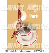 Hot Cup of Coffee with Steam Winding up the Eiffel Tower on a Cafe De Paris Background