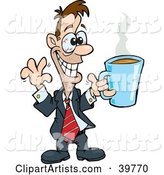 Hyper and Jittery Businessman with Red Eyes, Holding up a Cup of Coffee