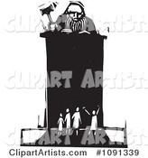 Judge Holding a Gavel at a Podium in Front of Tiny People Black and White Woodcut