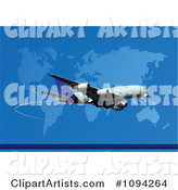 Jumbo Jet Airliner over a World Map on Blue