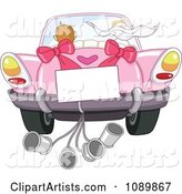 Just Married Bride and Groom Driving Away in a Pink Car with a Sign and Cans