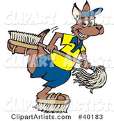 Kangaroo Janitor Playing with Brush Shoes and a Mop