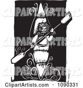 Kayaker Holding a Paddle Black and White Woodcut