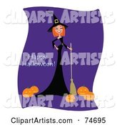 Laughing Red Haired Witch with a Broom and Pumpkins, with Happy Halloween Text
