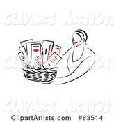 Line Drawing of a Red Lipped Woman Holding out a Gift Basket