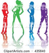 Line of Red, Green, Blue and Purple Sexy Pinup Women with Hearts on Their Bodies and Reflections