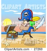 Male Pirate with Two Teeth, a Hook Hand and Peg Leg, Holding a Sword and Defending His Treasure Chest on a Beach, a Parrot on His Shoulder